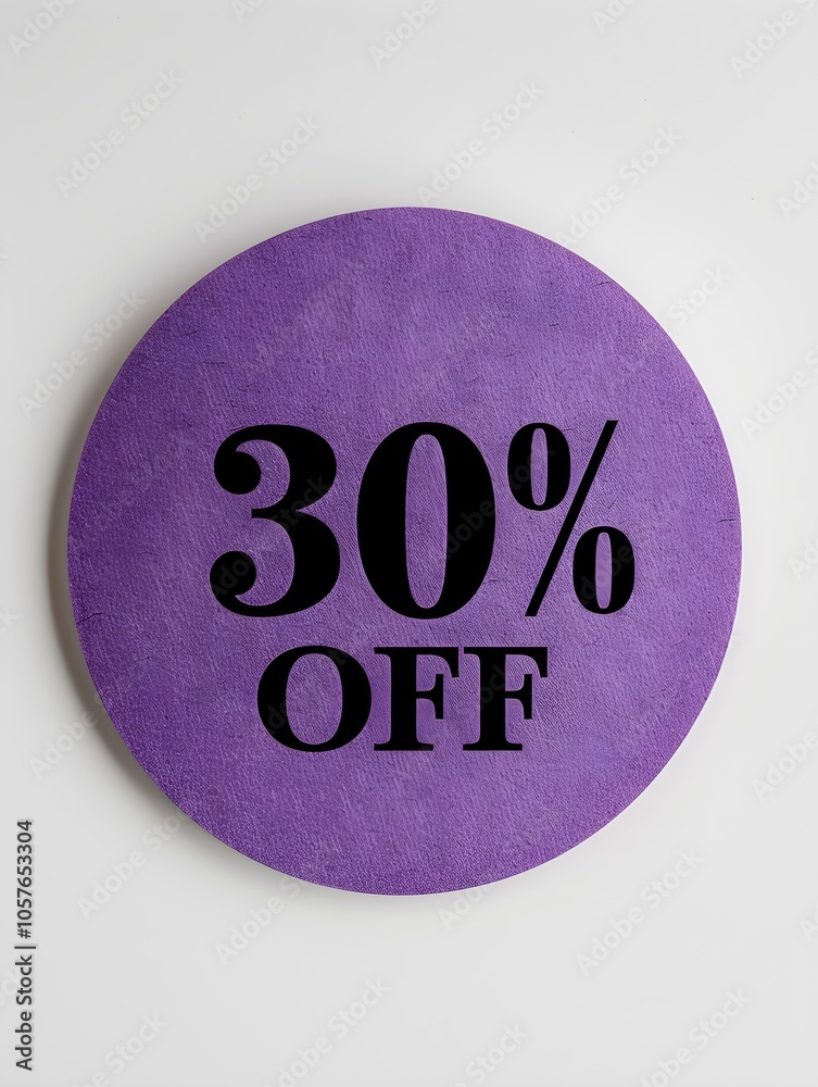 Black '30% OFF' Text on a Purple Round Paper Note. White Background Black '30% OFF' Text on a Purple Round Paper Note. White Background