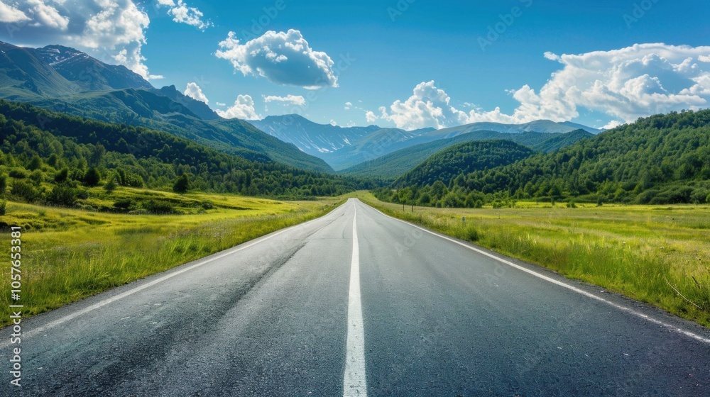 Naklejka premium A wide road leading into the distance, with green mountains and forests on both sides of it