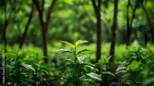 A thriving green forest with newly planted trees, showcasing the impact of global environmental efforts and ESG initiatives.