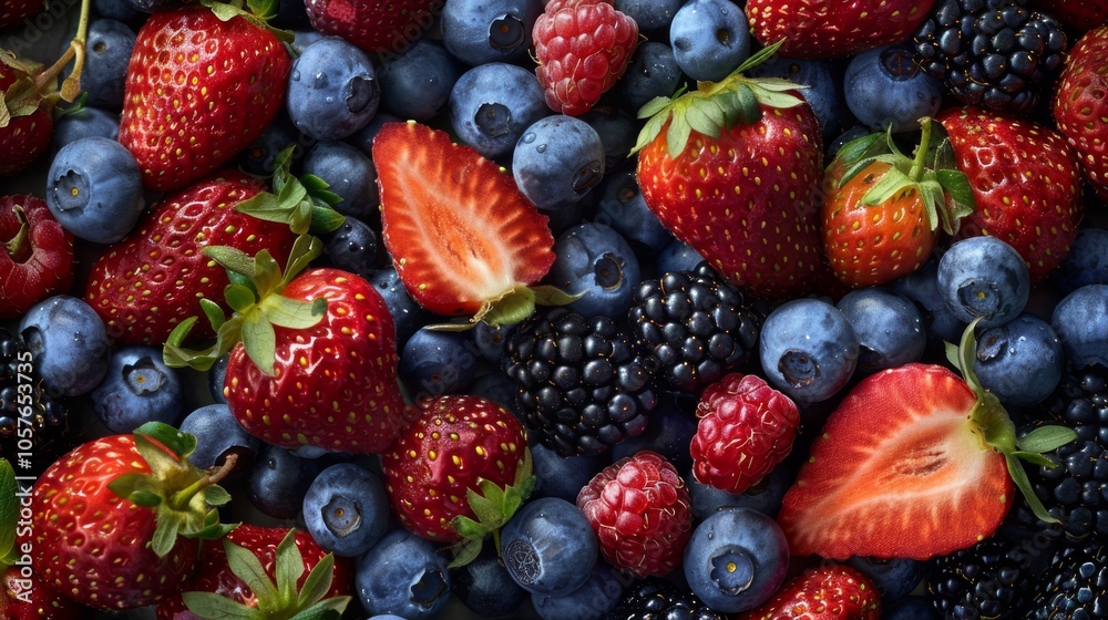 A visually appealing spread of assorted berries with a focus on the bright red of strawberries, the deep blue of blueberries, and the rich tones of blackberries, set against a plain background. A visually appealing spread of assorted berries with a focus on the bright red of strawberries, the deep blue of blueberries, and the rich tones of blackberries, set against a plain background.