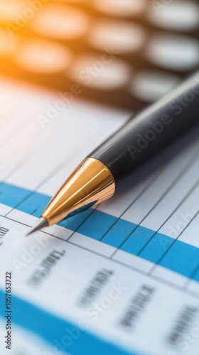 Close-Up of a Pen on a Financial Document with a Calculator in Background for Business Insights