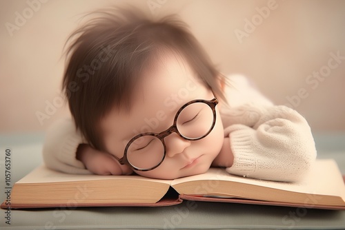 Baby wearing glasses sleeping with book in hand