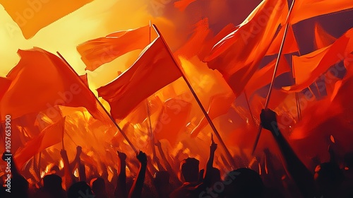 A sea of vibrant orange flags wave enthusiastically in the hands of a spirited crowd at a lively soccer stadium, brimming with excitement and unity.