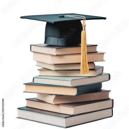 Stack of books with graduation cap, isolated on transparent background, PNG