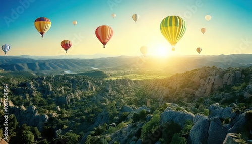  Colorful hot air balloons fly over rocky landscape at sunrise. 