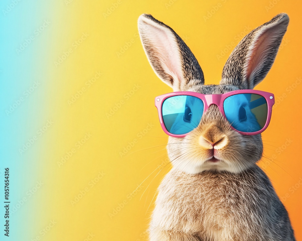 Cool rabbit wearing stylish sunglasses against a vibrant gradient background, epitomizing fun and playfulness. Cool rabbit wearing stylish sunglasses against a vibrant gradient background, epitomizing fun and playfulness.