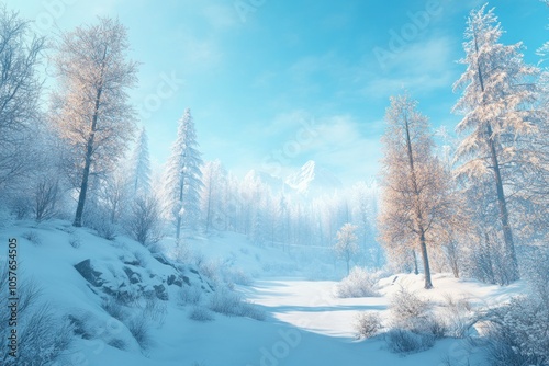 Winter Wonderland with Snow-Covered Trees and Blue Sky