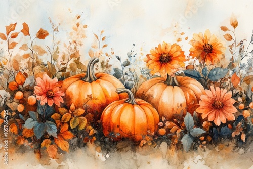 fall harvest art, watercolor painting of autumn pumpkins, flowers, and leaves perfect for greeting cards, posters, or autumn festival design