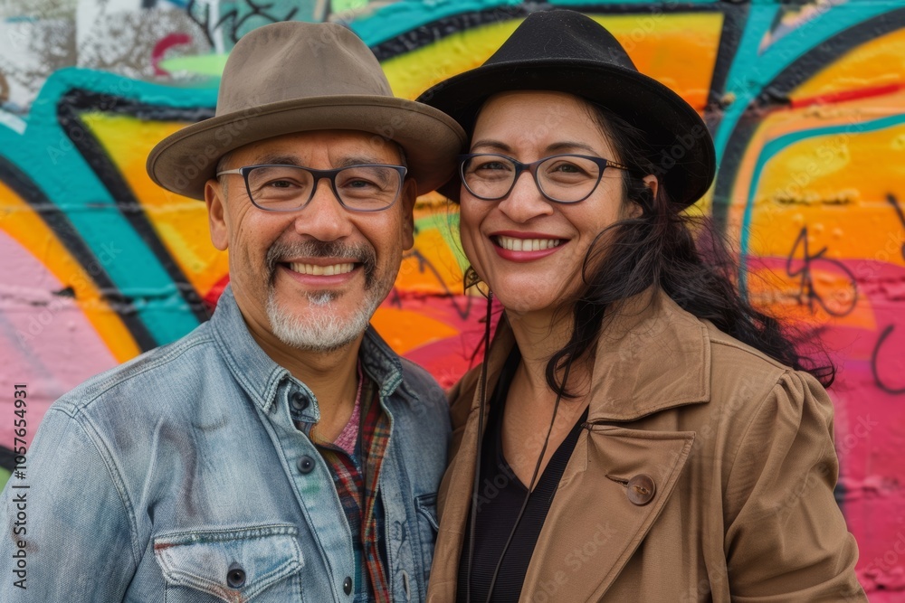 Portrait of a glad latino couple in their 40s donning a classic fedora on colorful graffiti wall Portrait of a glad latino couple in their 40s donning a classic fedora on colorful graffiti wall