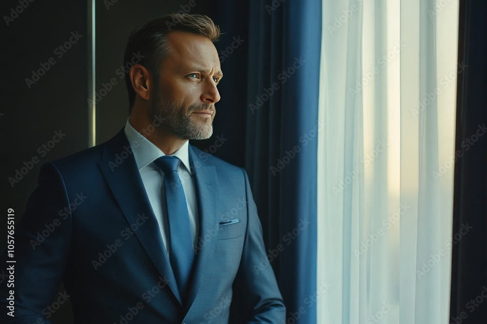 Businessman in Suit Looking Out the Window Businessman in Suit Looking Out the Window