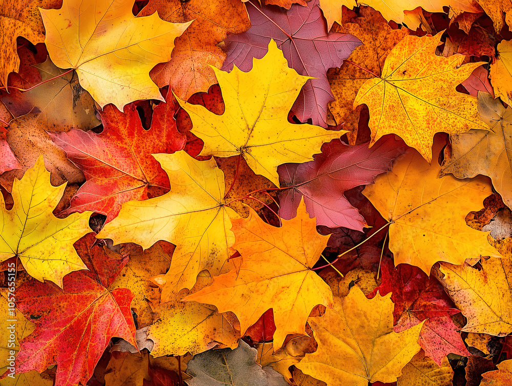 Fototapeta premium Closeup of Bright, colorful and beautiful Fall autumn leaves for background wallpaper or business banner lit by bright sunny daylight