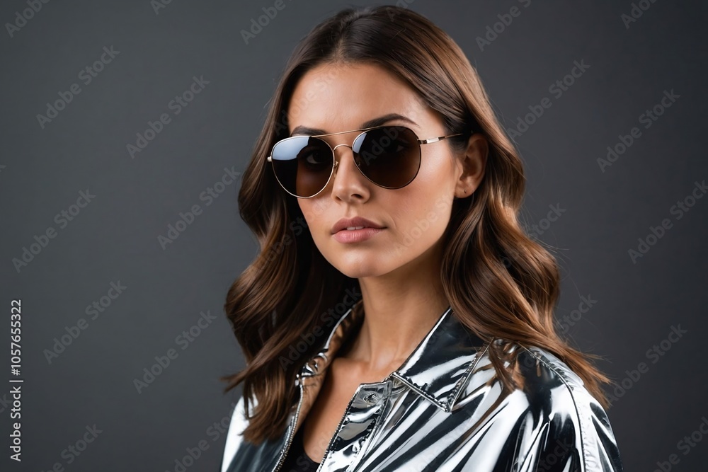 A striking portrait of a woman wearing reflective sunglasses and a metallic jacket