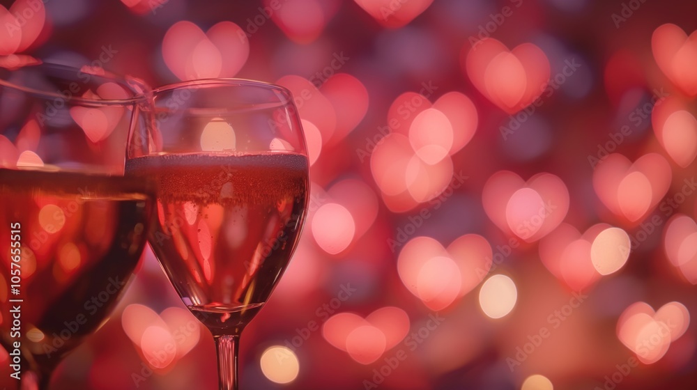 Golden Bubbles Champagne Glasses on Heart Patterned Bokeh Background, Romantic Valentine's Celebration Concept Golden Bubbles Champagne Glasses on Heart Patterned Bokeh Background, Romantic Valentine's Celebration Concept