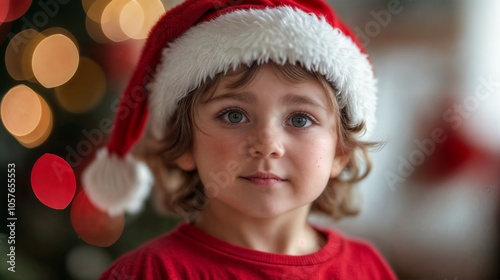 Boy Christmas close-up portrait young child red Santa hat lights blurred background