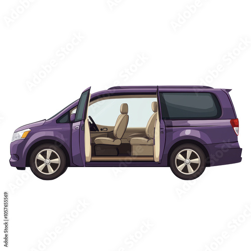 A modern, sleek purple minivan with open doors, showcasing its spacious interior and comfortable seating isolated on transparent background, cut out, png, family adventures or business transportation photo