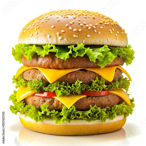 Massive XXL Cheeseburger Close-Up with Meat, Lettuce, Cheese, and Bun on White Background