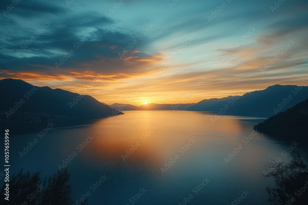 Serene Sunset Over Calm Waters in Mountain Landscape Serene Sunset Over Calm Waters in Mountain Landscape