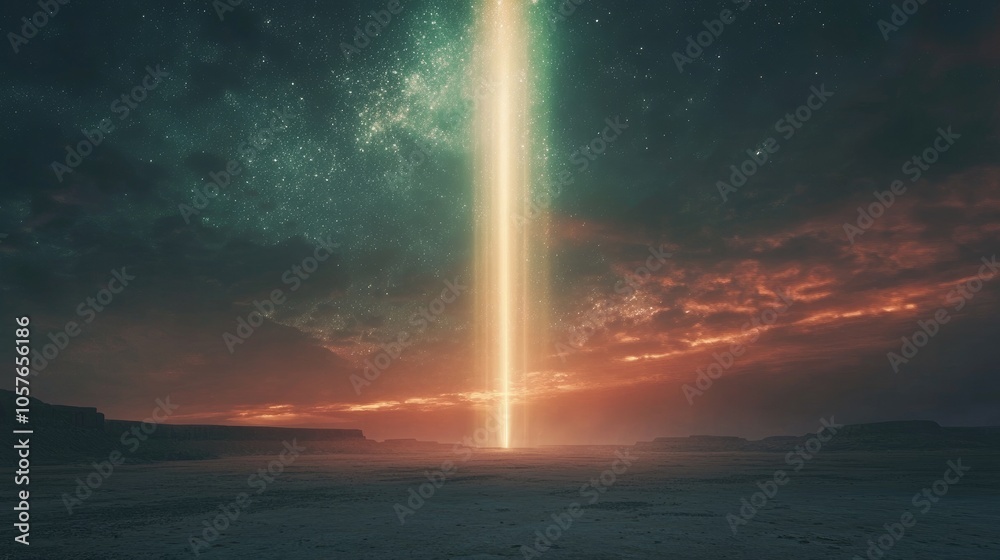 Naklejka premium A Celestial Beam Illuminates a Desolate Landscape