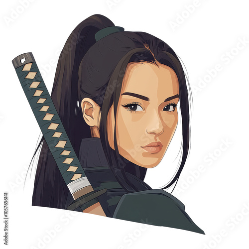 Warrior Woman: Asian woman ninja, katana at her back, exudes strength and resilience isolated on transparent background, cut out, png  photo