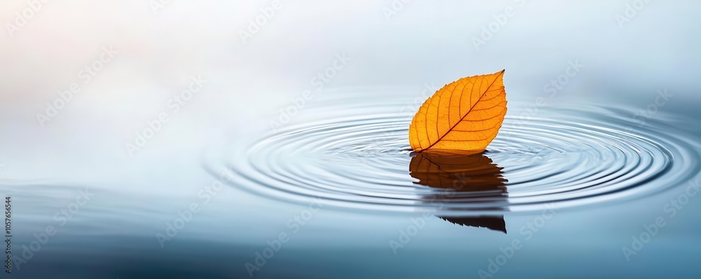 A single orange leaf floating on tranquil water. A single orange leaf floating on tranquil water.