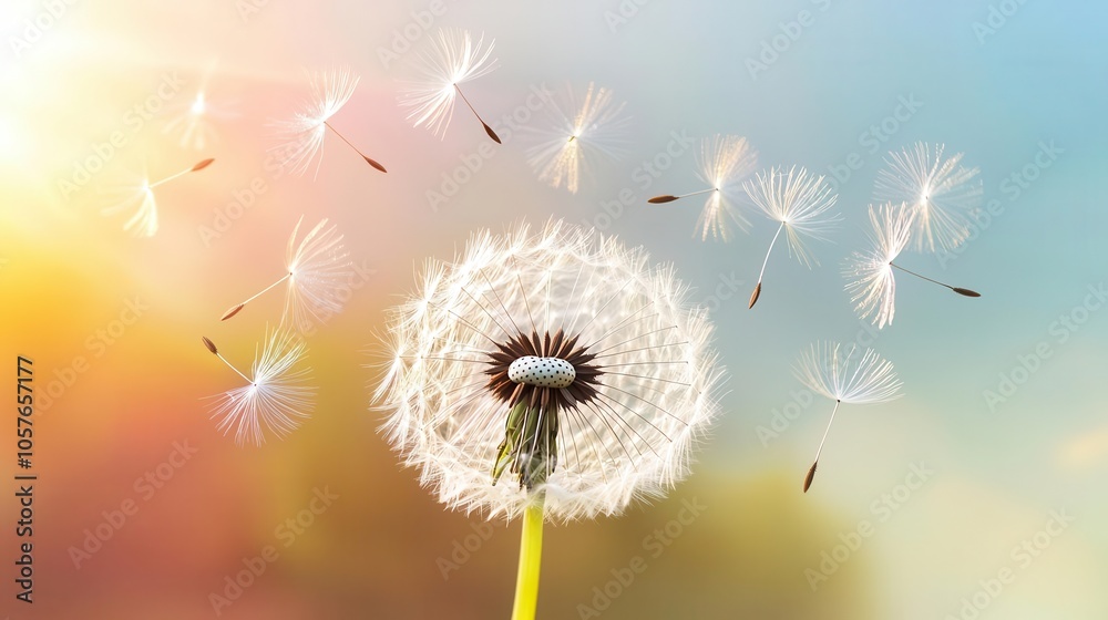 Obraz premium Dandelion with seeds blowing away in a colorful background