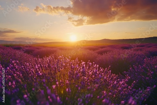 Serene Sunset Over Lavender Fields