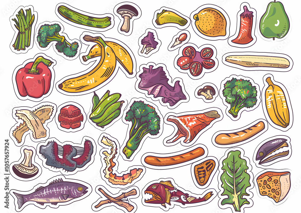 A colorful collection of hand-drawn food scraps and waste, perfect for illustrating the concept of food waste or composting. A colorful collection of hand-drawn food scraps and waste, perfect for illustrating the concept of food waste or composting.