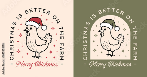 Chicken wearing Santa hat Christmas is better on the farm funny animal puns merry chickmas card shirt design. Farmer country girl retro cute drawing cottagecore aesthetic illustration decor cut file.
