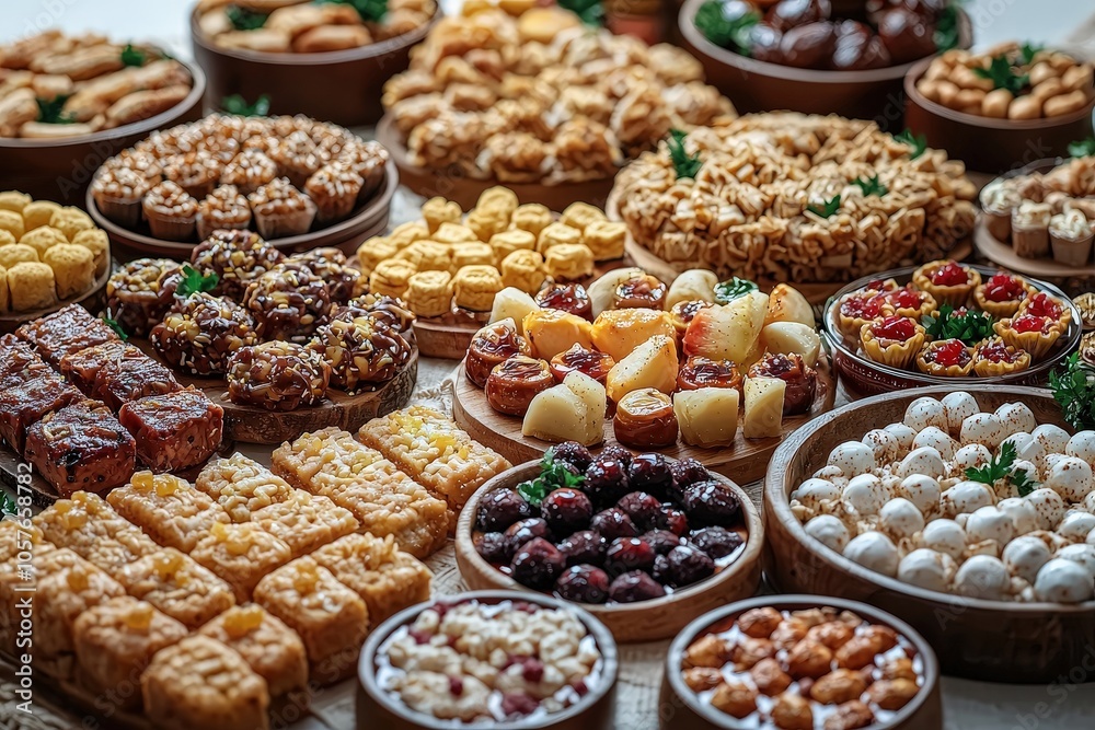 Assorted traditional pastries and savory snacks on a rustic wood table Assorted traditional pastries and savory snacks on a rustic wood table