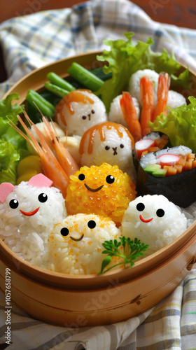 Cute and Creative Bento Box with Rice Balls and Fresh Vegetables in a Wooden Bowl