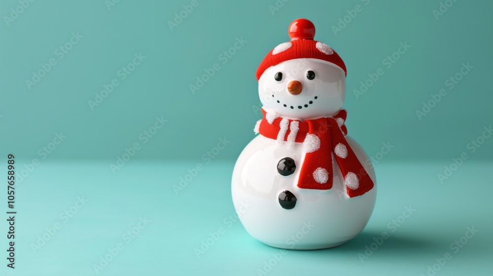 Fototapeta premium A cheerful snowman stands sideways against a solid background, showcasing its festive decorations and a friendly smile while capturing the essence of winter joy