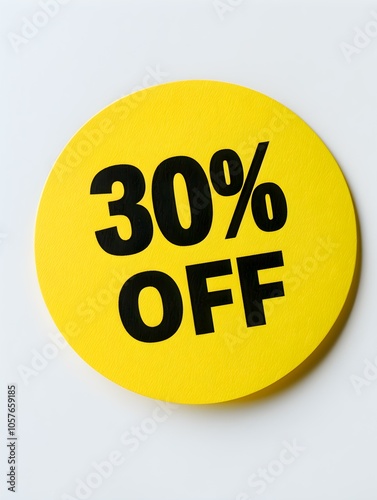 Black '30% OFF' Text on a Yellow Round Paper Note. White Background 