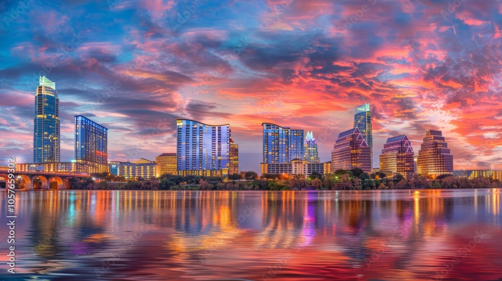 Naklejka premium Austin skyline at sunset with vibrant sky hues and city lights