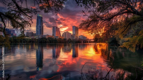 Fototapeta Naklejka Na Ścianę i Meble -  Austin downtown skyline with sunset hues and river reflections