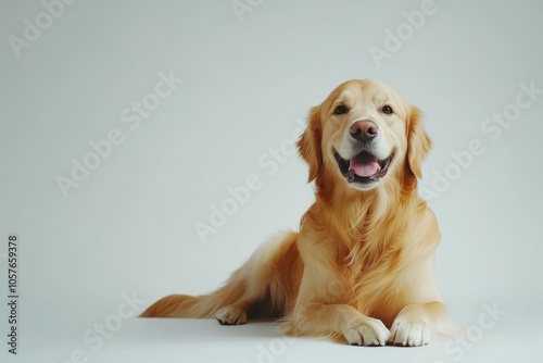 Happy Golden Retriever Relaxing on Solid Background