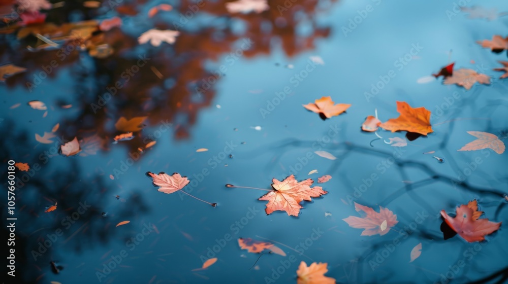 Autumn leaves floating on a calm lake surface Autumn leaves floating on a calm lake surface