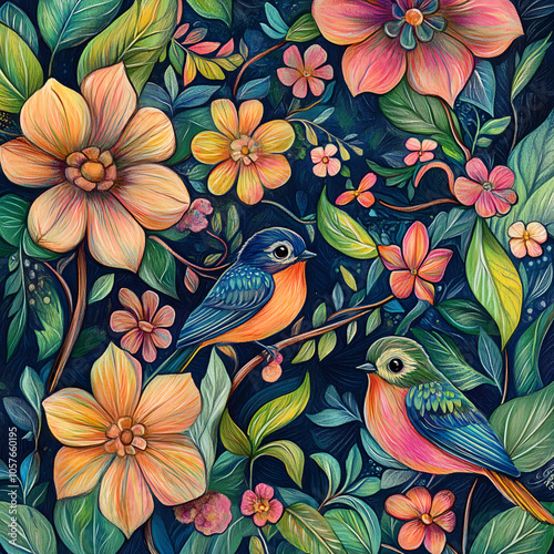 two birds surrounded by an array of colorful flowers and lush green foliage