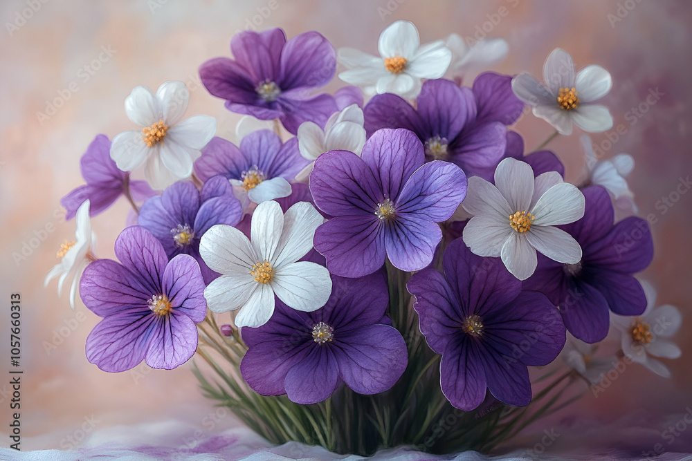 A stunning bouquet of purple and white flowers, showcasing delicate petals and vibrant colors against a soft, blurred background. A stunning bouquet of purple and white flowers, showcasing delicate petals and vibrant colors against a soft, blurred background.