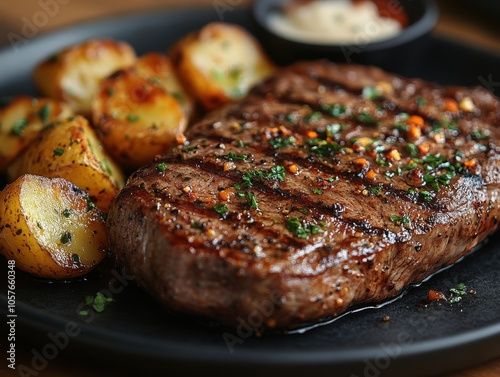 Grilled steak with garlic butter, accompanied by roasted potatoes on a dark ceramic plate, inviting and hearty meal presentation