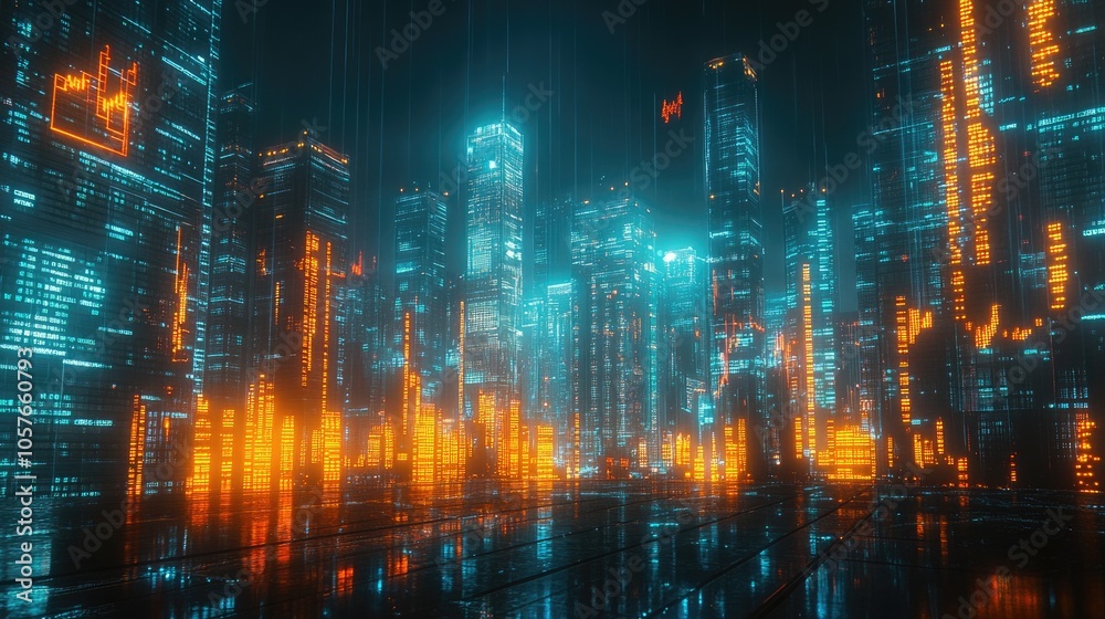 Fototapeta premium Futuristic financial market data visualization displaying dynamic candlestick charts and fluctuating graphs against a night skyline. Ideal for finance presentations, trading analytics