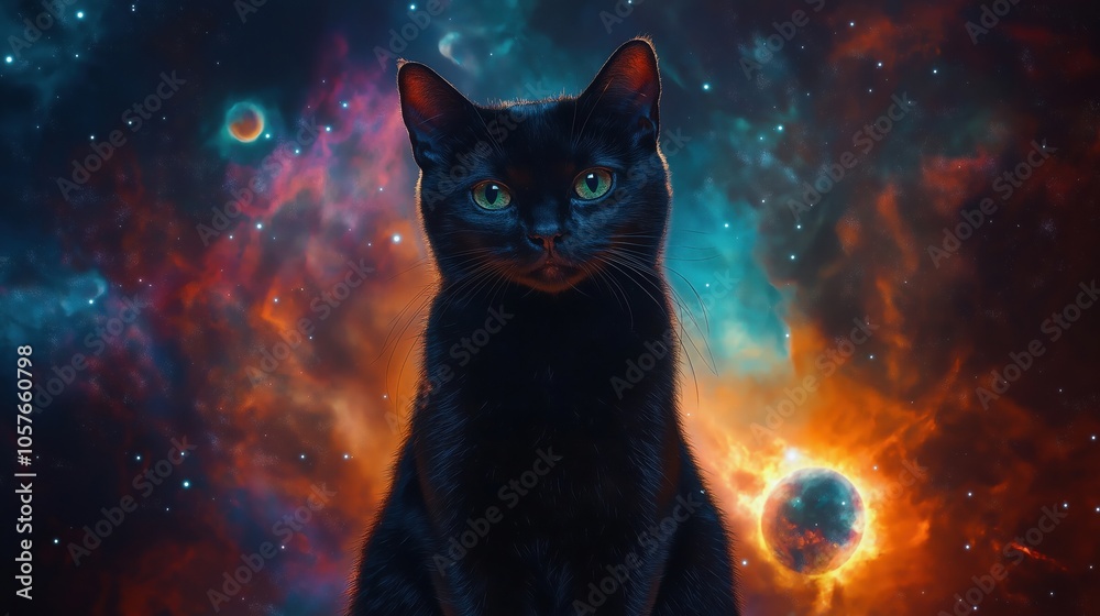 A black cat with bright green eyes against a colorful cosmic backdrop. A black cat with bright green eyes against a colorful cosmic backdrop.
