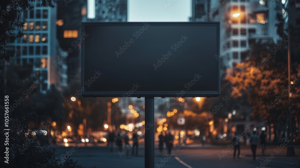 Billboard background with a dark, textured surface ready for an ad, positioned against a modern, bustling downtown area with people walking by. Billboard background with a dark, textured surface ready for an ad, positioned against a modern, bustling downtown area with people walking by.
