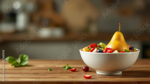 Stylish fruit salad with a pear centerpiece in a modern kitchen