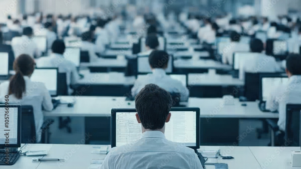 Obraz premium A Busy Office Environment Captured from Behind Focus on Workers at Desks