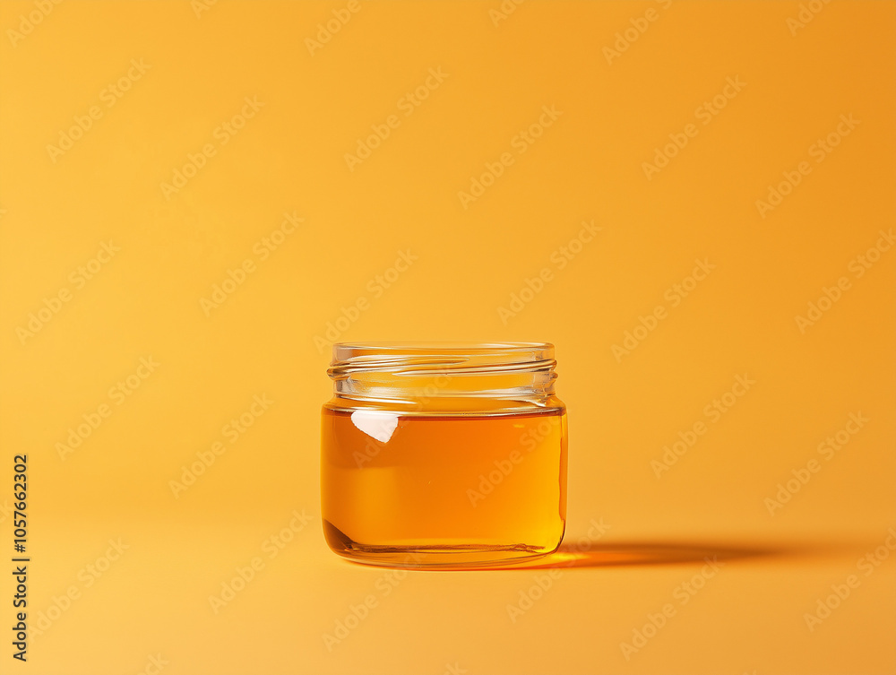 Glass jar filled with golden honey on a clean orange background Glass jar filled with golden honey on a clean orange background