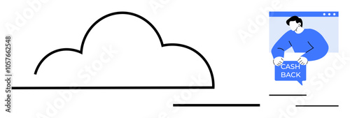 Cloud outlined with minimalistic lines accompanies person on a webpage holding a cashback sign. Ideal for online shopping, e-commerce incentives, cashback rewards, cloud storage, and digital