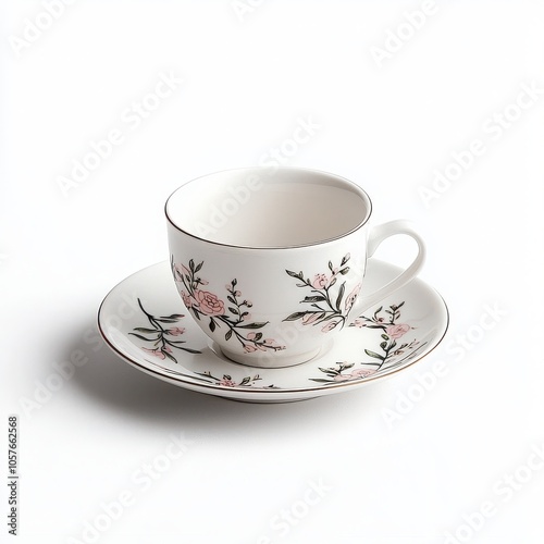 Elegant tea cup and saucer with floral design, white isolated background.