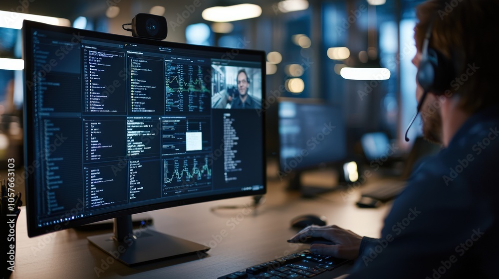 Focused Software Developer Engaged in Collaborative Coding and Video Conferencing at Modern Workspace Focused Software Developer Engaged in Collaborative Coding and Video Conferencing at Modern Workspace