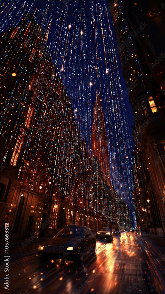 A Vibrant Cityscape Illuminated by Cascading Lights at Night A Vibrant Cityscape Illuminated by Cascading Lights at Night