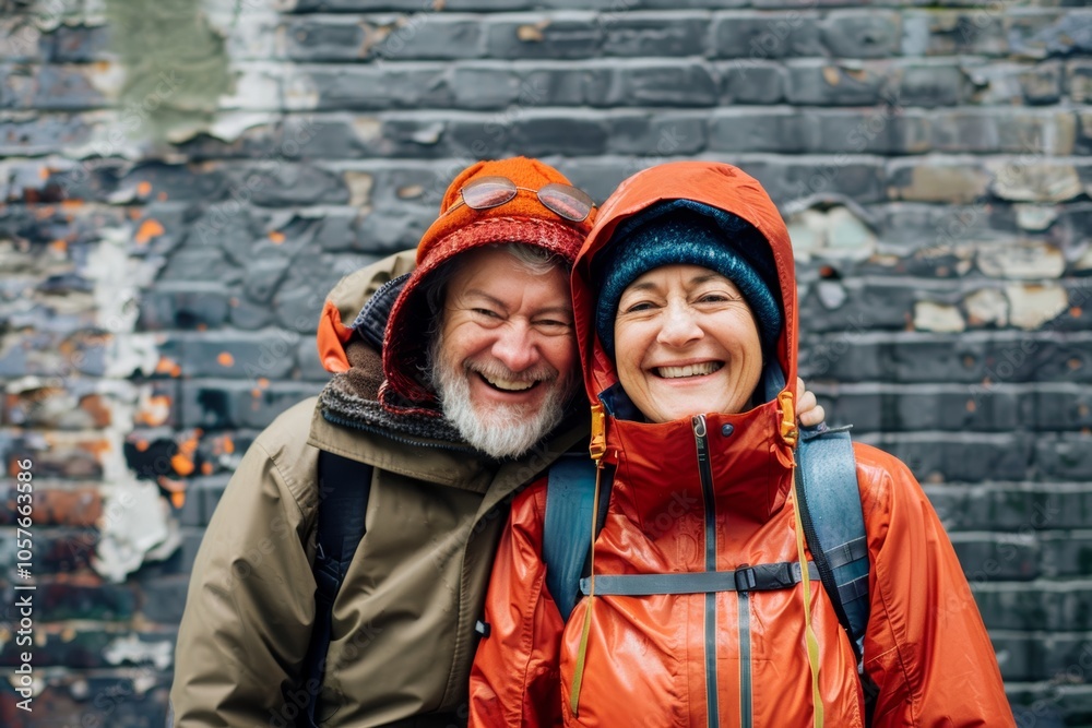 Portrait of a cheerful mixed race couple in their 60s sporting a waterproof rain jacket over vintage brick wall Portrait of a cheerful mixed race couple in their 60s sporting a waterproof rain jacket over vintage brick wall